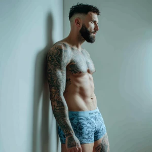 Generate an image of a strong man with a short, dark haircut and...