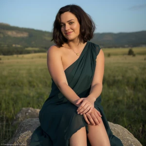 Photorealistic 19-year-old French woman. She has thick wavy dark...