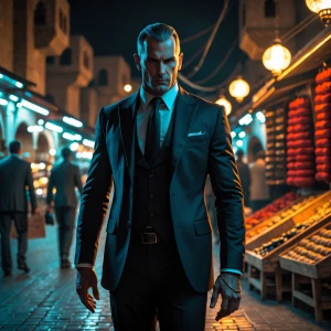 cinematic hitman agent 47 in morocco market dramatic lighting yo...