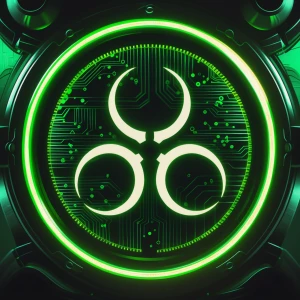 glowing biohazard-like patterns, acid green circuitry, toxic glo...