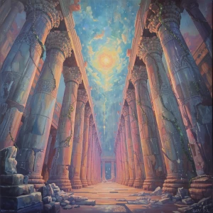 In the shimmering ruins of a forgotten civilization, pillars of...