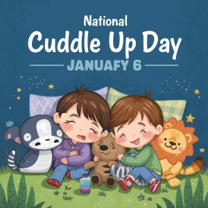Banner states, 
“National Cuddle Up Day
January 6”
(Cartoon styl...