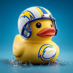 A 3d image of a rubber duck wearing a football helmet and with t...
