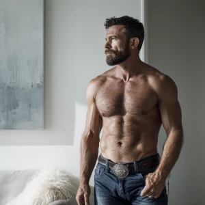 The image captures a strong, muscular man standing in a bright,...