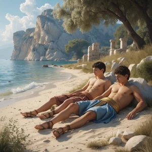 In a scene set in Ancient Greece around 500 B.C., two barecheste...