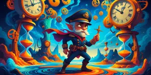 A whimsically enigmatic chrono-captain, surrounded by a whirlwin...