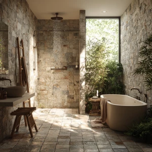 Create a realistic image of a compact spa-like bathroom featurin...