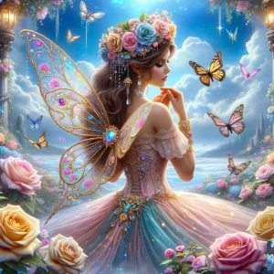 hada, mujer, cabello castaño con corona de rosas de colores, ves...