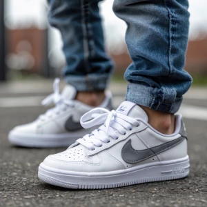 Generate an image showing a young boy wearing white sneakers and...