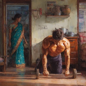 Hyperrealism painting  ,a indian  muscular beefy  sweaty man exe...