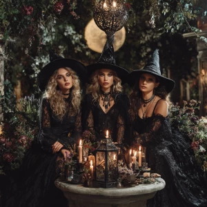 Three elegant witches are gathered in a circle within a shadowy,...