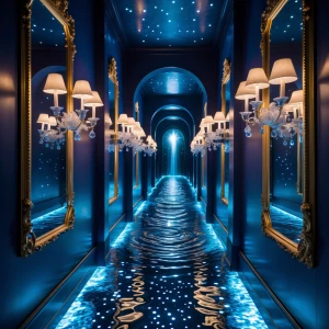 In a luxurious hallway with walls drenched in deep sapphire hues...