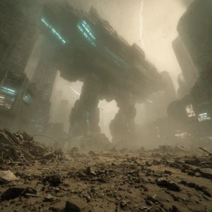 Dust-choked remains of a futuristic metropolis. Ground-level per...