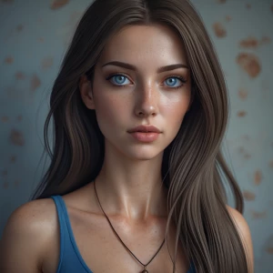 Realistic  women skinny blue eyes and Brunette, long hair