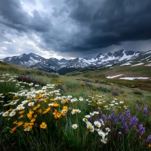 Wide 16:9 cinematic shot of Rocky Mountain alpine meadow in late...