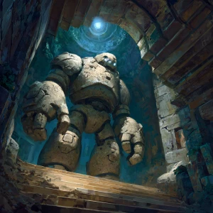 Concept art. A colossal stone golem, intricately carved with anc...