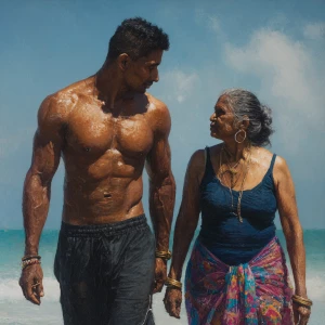 Hyperrealism,oil painting.a muscular sweaty indian man, walking...