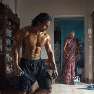 Hyperrealism,oil painting  ,a indian  muscular beefy  sweaty man...