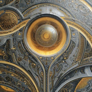 Intricately woven circuits of gold and silver shimmer against a...