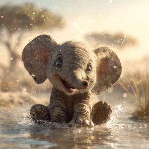 A young African elephant calf named Ember joyfully sitting in a...