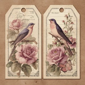 Victorian Mauve Rose Ephemera – 2 Large Tags (Antique Roses & Bi...