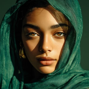 Generate an image of a beautiful young Muslim woman with a peace...