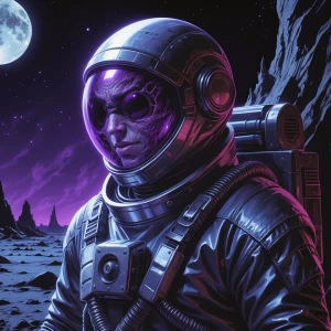 An immaculate terrifying moon miner, bathed in eerie purple ligh...