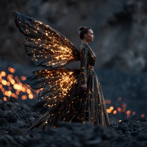 Surrealist couture photography, model standing in volcanic terra...