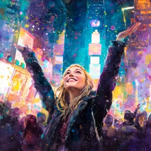 A young woman joyfully celebrating New Year's Eve amidst the vib...