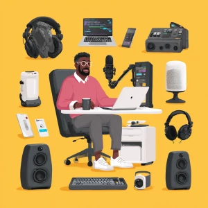 Generate a realistic image showing a man recording a VoiceOver u...