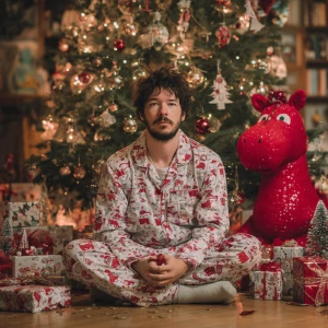 man sitting near Christmas tree looking into the camera in Chris...