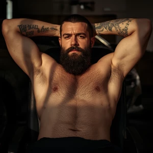 The image features a shirtless man with a muscular build and a f...
