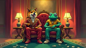doge character and pepe frog character wearing royal outfits sit...