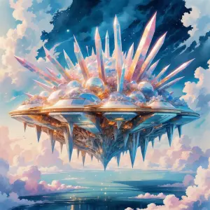 A technologically advanced floating island suspended in a dreaml...