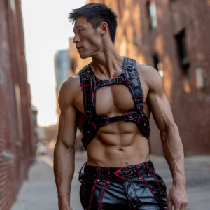 The image depicts a muscular person standing in an outdoor urban...