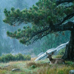 Heavy rain beginning to fall across Rocky Mountain meadow, baby...