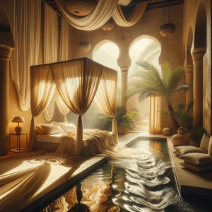 Create a detailed image of the Oasis Silk Room in Bedroom 6, a h...