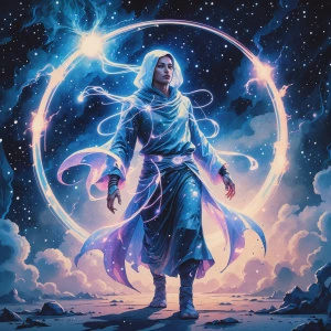 A heavenly galactic nomad, shimmering with glitchy energy, drift...