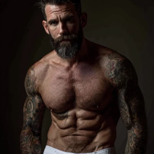 A muscular bodybuilder with a deep tan, dark hair, thick beard,...