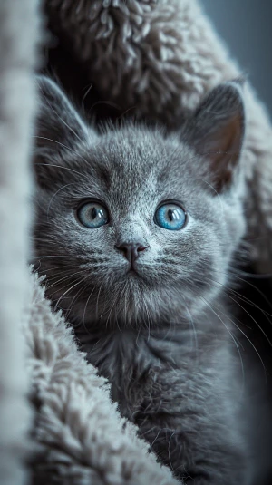 adorable gray british shorthair kitten with big bright blue eyes...