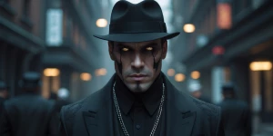 "Create an image of a person who appears mysterious, powerful, r...