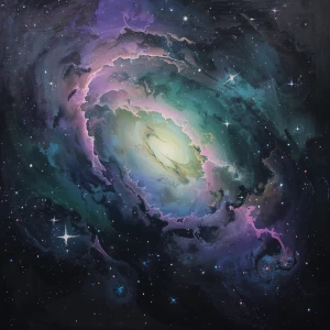 A luminous celestial body swirls with ethereal shades of violet,...