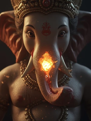 Ultra-realistic 3D cinematic slow-motion moment of Ganesha’s tus...