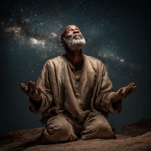 Create an image of a older African man 70 years old on his knees...