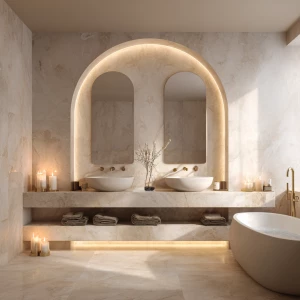 Create an image of a full beige marble bathroom featuring a floa...