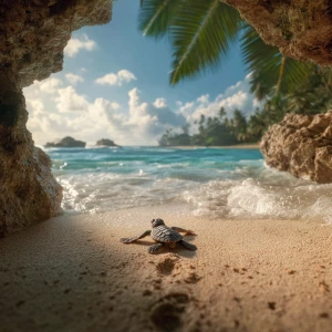 A baby sea turtle named Tika making her first journey toward the...