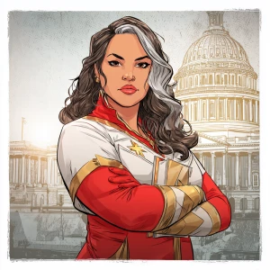 Illustrate a scene featuring a powerful plus-size woman with bro...