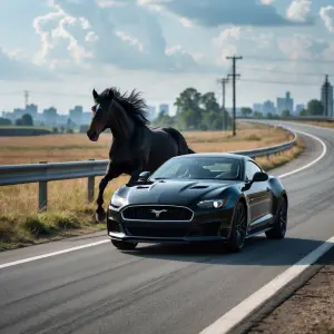 an asphalt road outside the city, a black sports car is driving...