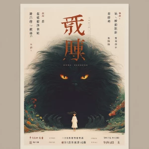 A giant black creature with glowing amber eyes lurking in darkne...