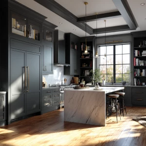 Create a sophisticated and modern kitchen scene featuring matte...